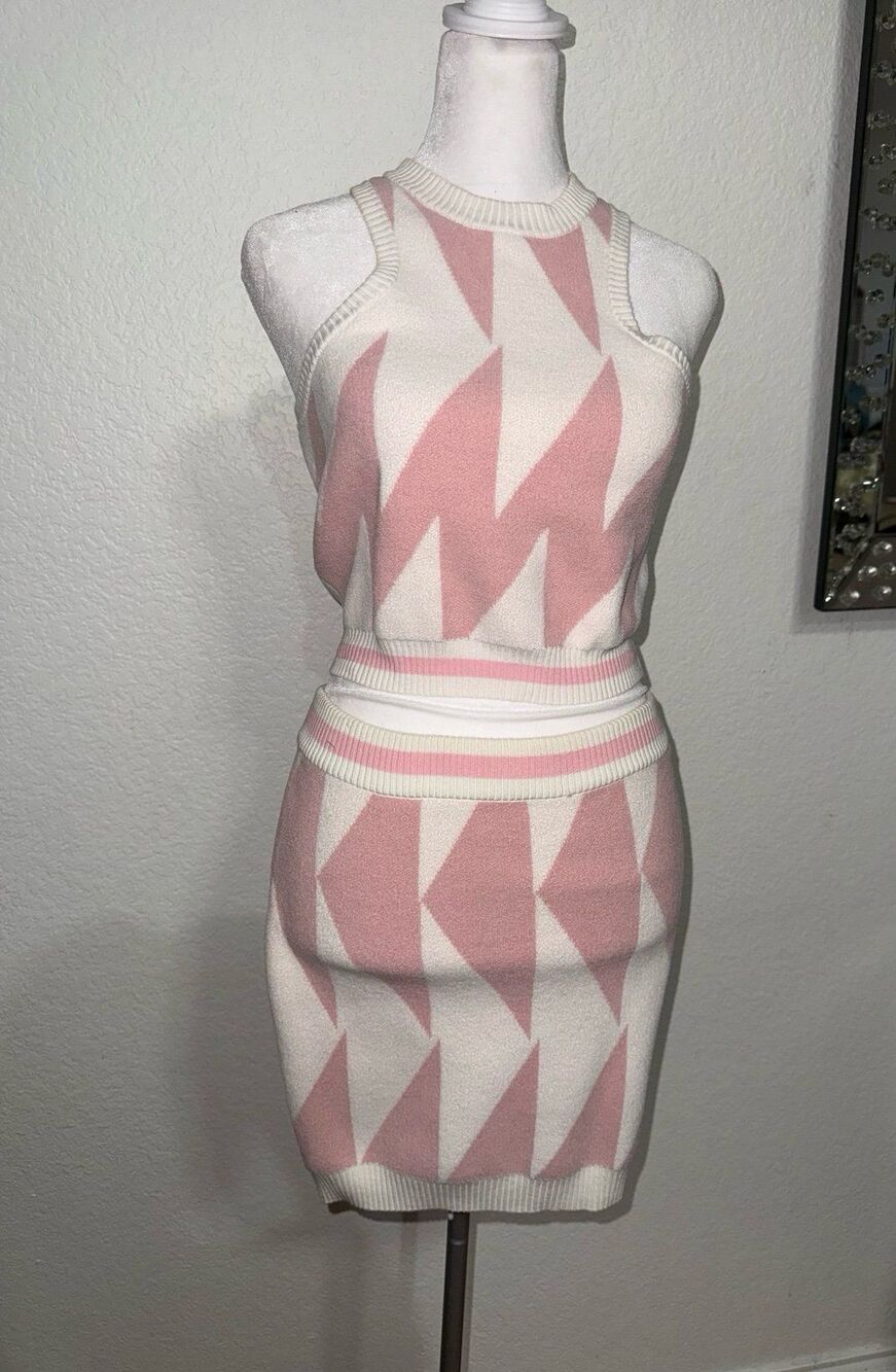 SER.O.YA Pink Ivory Geometric Knit Top Midi Skirt Set M